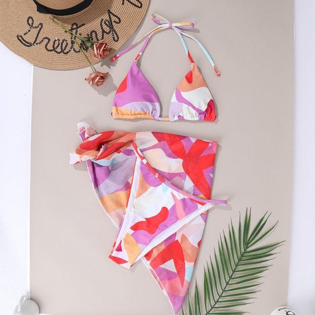 3-Piece Halter Bikini Set with Wrap Skirt