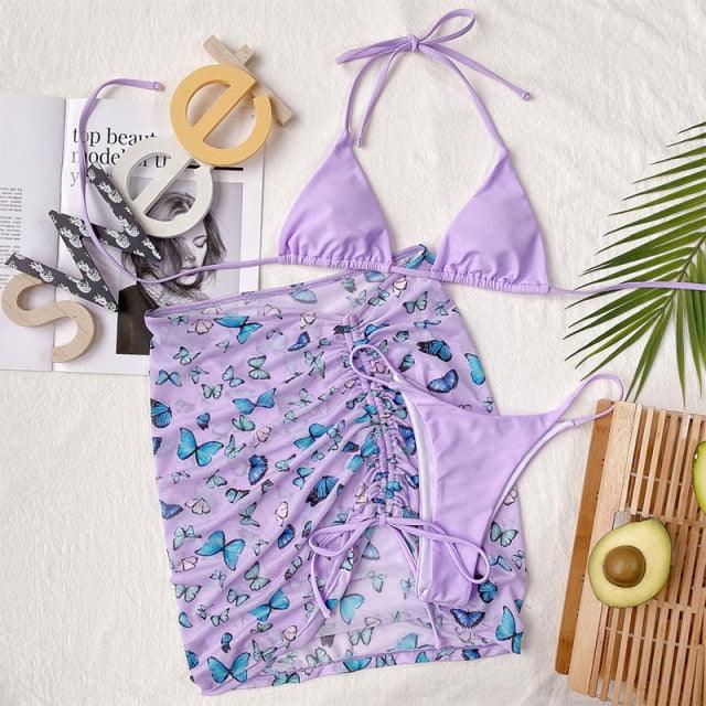 3-Piece Halter Bikini Set with Wrap Skirt