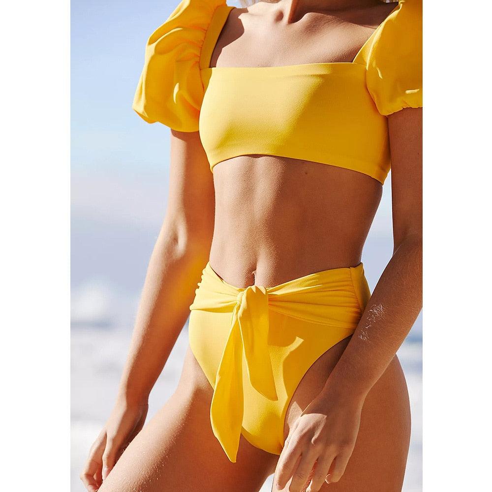 2-Piece High Waist Puff Sleeve Bikini Set