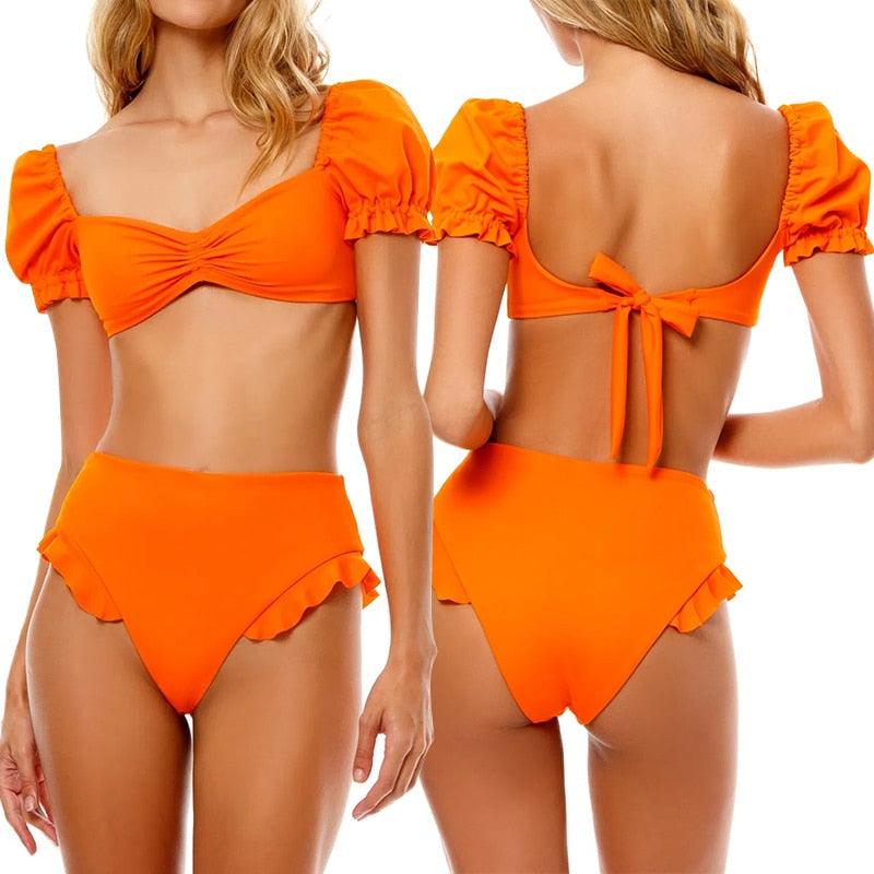 2-Piece High Waist Puff Sleeve Bikini Set