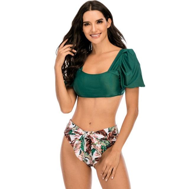 2-Piece High Waist Puff Sleeve Bikini Set