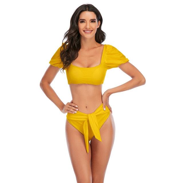 2-Piece High Waist Puff Sleeve Bikini Set