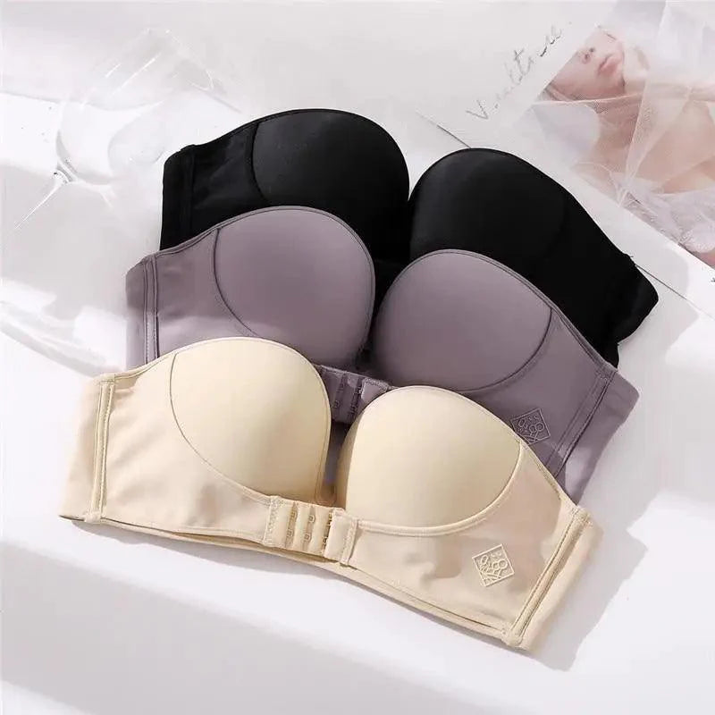 Vintage Front Closure Push-Up Bra – Strapless Seamless Bralette